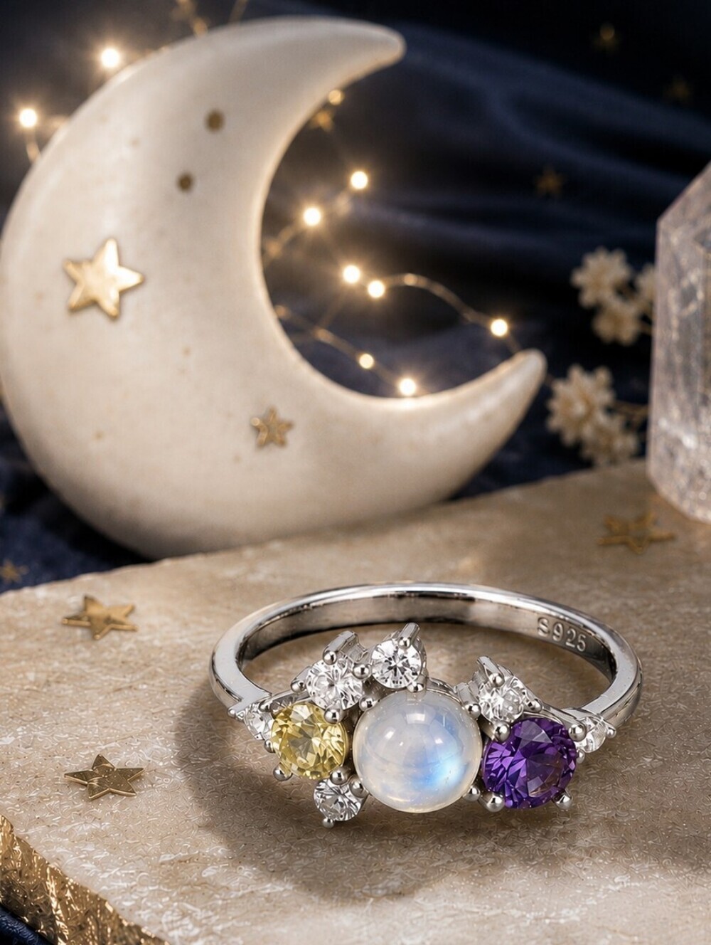925 Sterling Silver Genuine Moonstone Celestial Multi Stone Cluster Ring Size 8